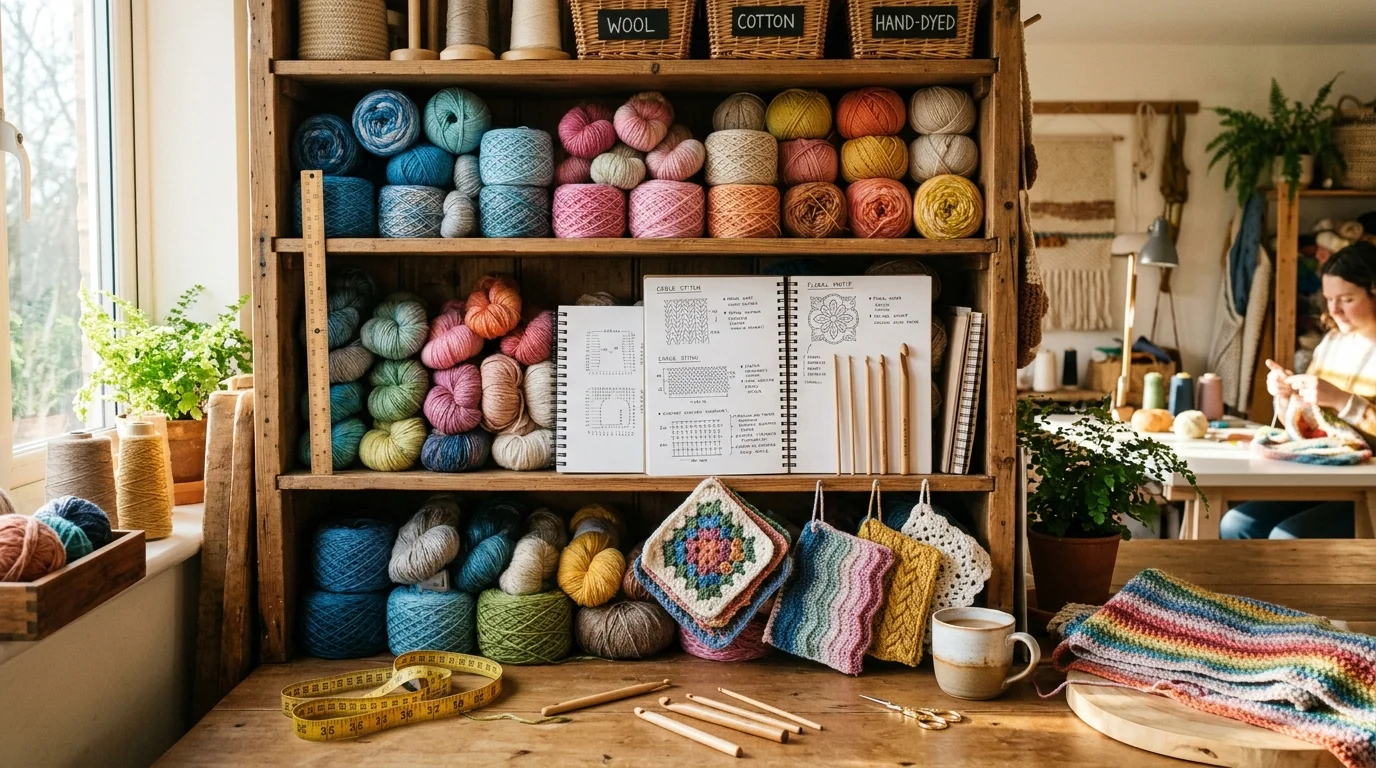 Artisan fiber craft workshop studio with colorful yarn cakes, wooden hooks, and pattern diagrams