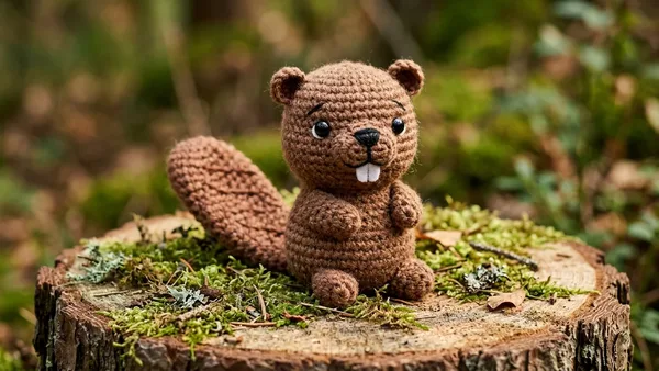 Cute brown crochet amigurumi beaver with textured paddle tail